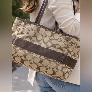 Coach Khaki and Brown Signature Canvas Tote